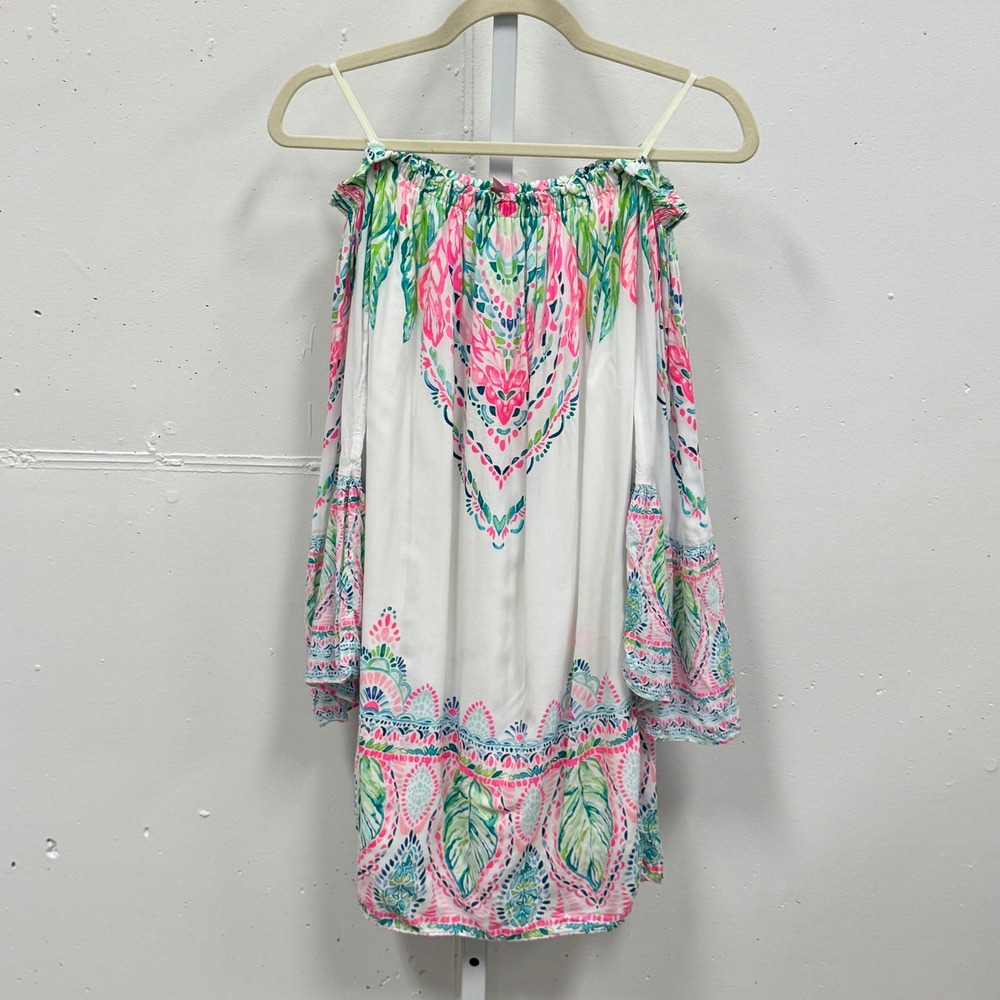 Lilly Pulitzer XS‎ Cold Shoulder Bell Sleeve Dress Pink Green Tropical Rayon